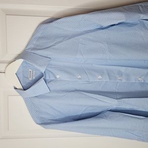 Men's Haggar classic fit light blue gingham print button up shirt size 34/35